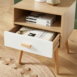 Table de chevet ULOS Décor Bois et Blanc 1 Tiroir 1 Niche - L40cm