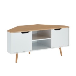 Meuble TV d'Angle LYNA Blanc et Décor Chêne 2 Portes - L115cm