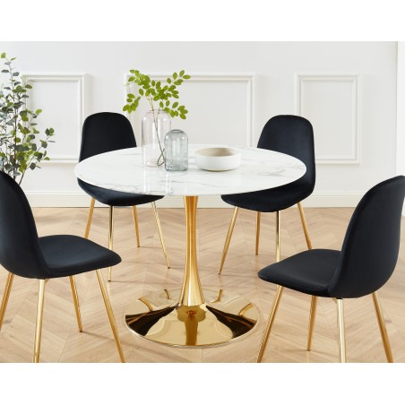 Table séjour MONIKA or 110cm verre trempé effet marbre pied en métal doré