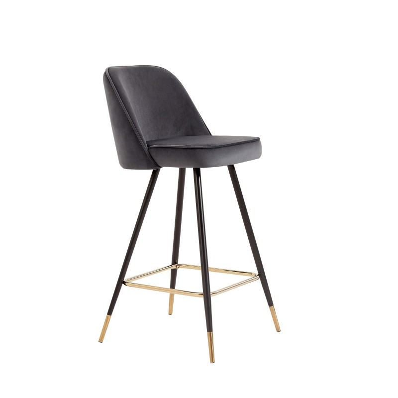 Lot de 2 Tabourets EUGENE Velours gris pieds noir/doré Hauteur d'assise 72 cm