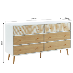 Commode CAPUCINE Décor Bois et Blanc 6 Tiroirs - L150cm