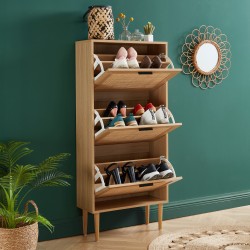 Meuble à chaussures AMANA Cannage et décor bois 3 portes - L60cm