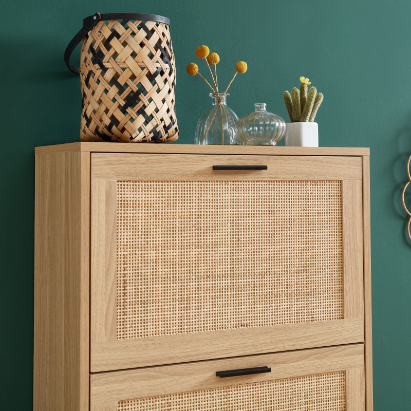 Meuble à chaussures AMANA Cannage et décor bois 3 portes - L60cm