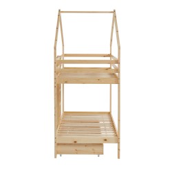 Lit cabane superposé TINY Bois massif de Pin naturel avec tiroir - 90x190