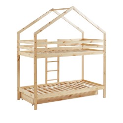 Lit cabane superposé TINY Bois massif de Pin naturel avec tiroir - 90x190