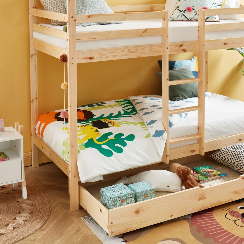 Lit cabane superposé TINY Bois massif de Pin naturel avec tiroir - 90x190