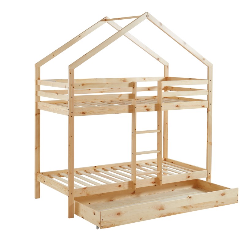Lit cabane superposé TINY Bois massif de Pin naturel avec tiroir - 90x190