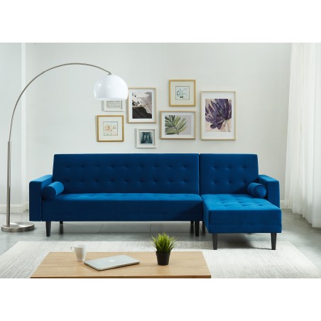 Canapé d'angle LUXURY 4 places en velours bleu et pieds boisangle réversible convertible