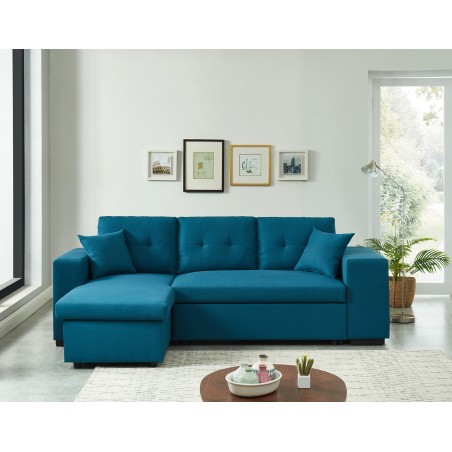 Canapé d'angle ALPAGO tissu lin bleu convertible 4 places2 poufs et étagères