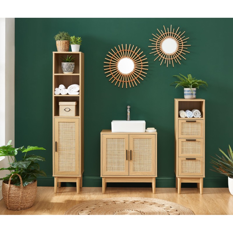 Colonne de salle de bain AMANA effet chêne et cannage rotin l30cm