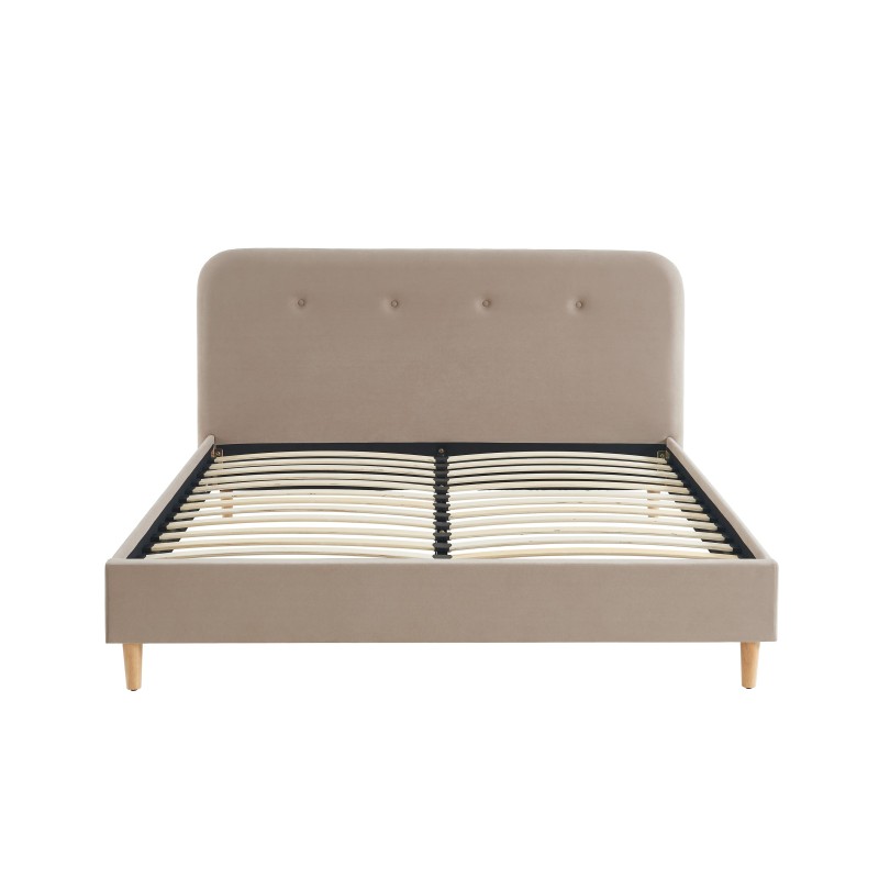 Lit double KNUT velours beige sable 160x20 sommier inclus