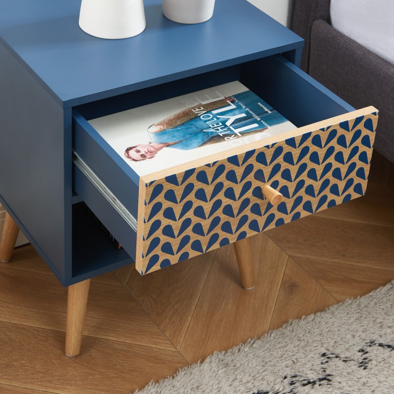 Table de chevet CAPUCINEbleu pétrole et effet bois 1 tiroir