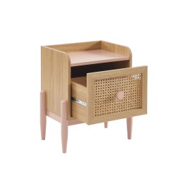 Table de chevet PABLO rose et cannage rotin 1 tiroir