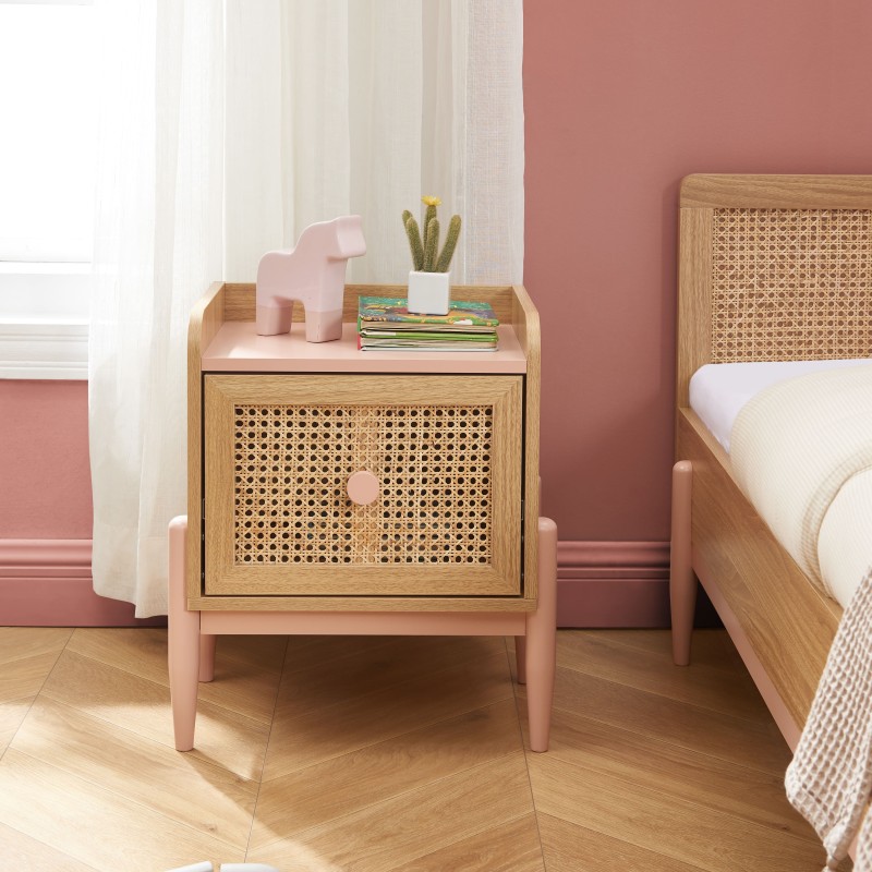 Table de chevet PABLO rose et cannage rotin 1 tiroir