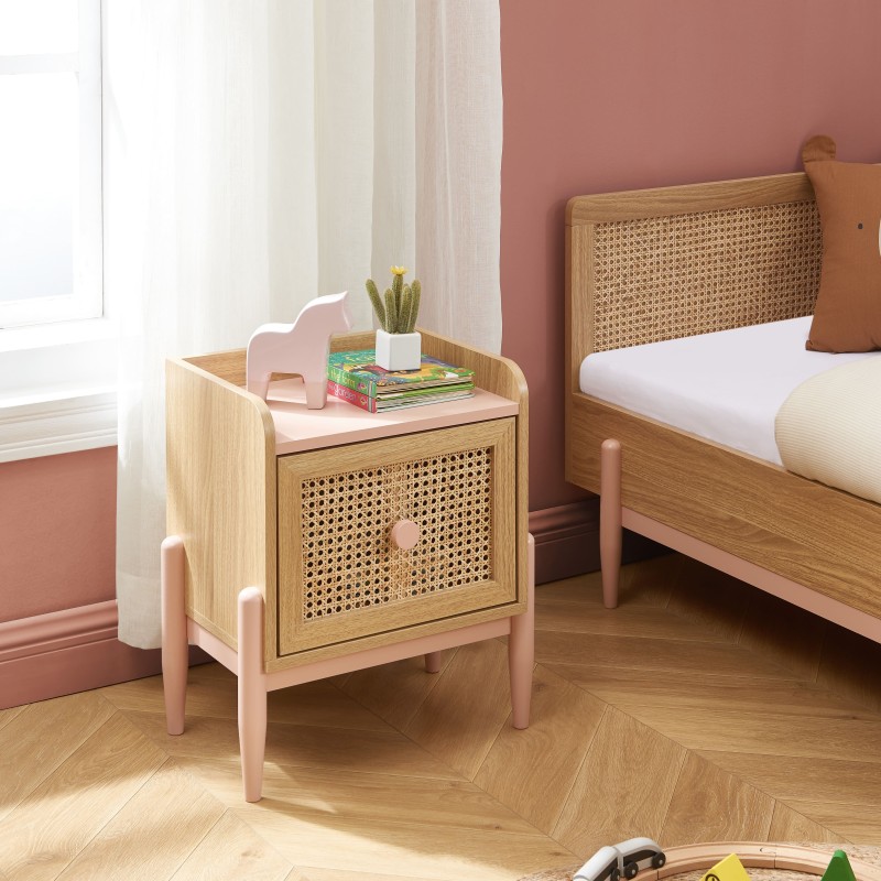 Table de chevet PABLO rose et cannage rotin 1 tiroir