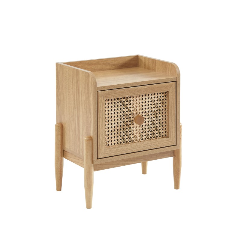 Table de chevet PABLO cannage rotin et effet bois 1 tiroir