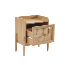 Table de chevet PABLO cannage rotin et effet bois 1 tiroir