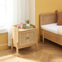 Table de chevet PABLO cannage rotin et effet bois 1 tiroir