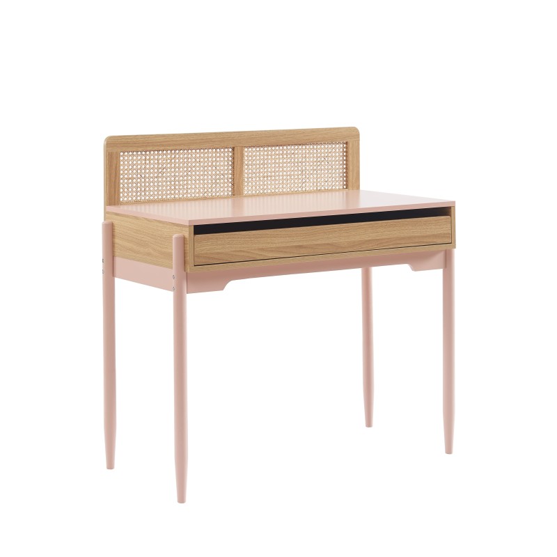 Bureau PABLO rose et cannage rotin 1 tiroir