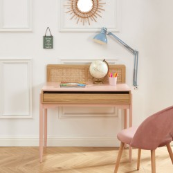 Bureau PABLO rose et cannage rotin 1 tiroir