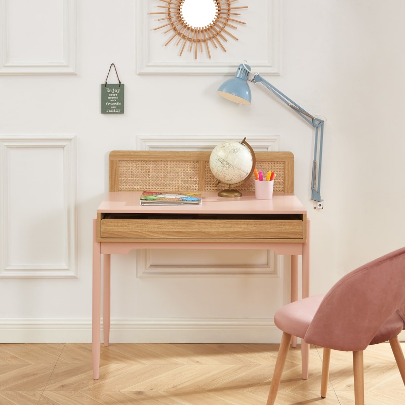 Bureau PABLO rose et cannage rotin 1 tiroir