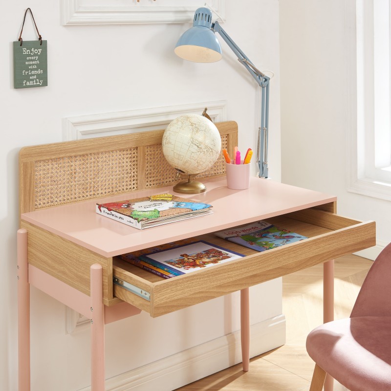 Bureau PABLO rose et cannage rotin 1 tiroir