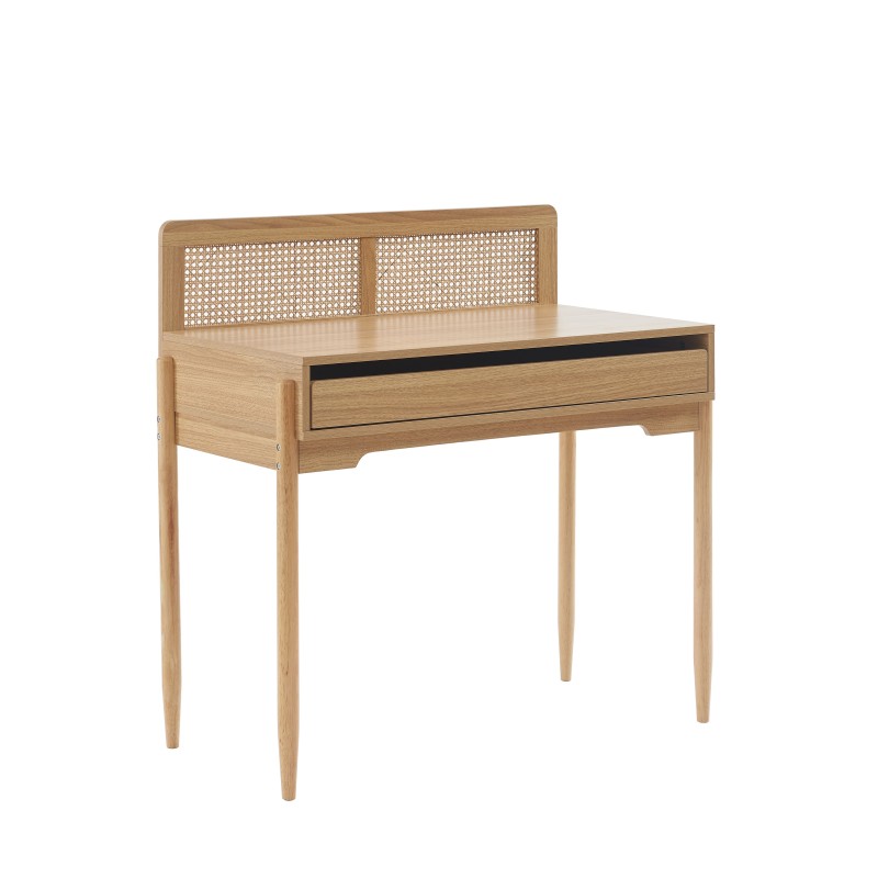 Bureau PABLO cannage rotin et effet bois 1 tiroir