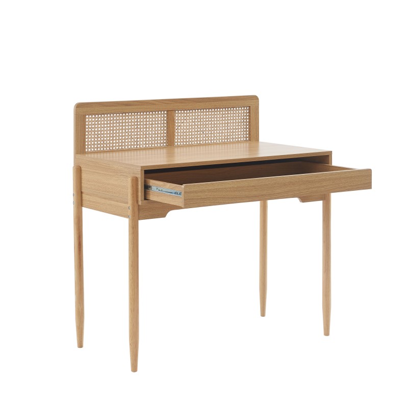 Bureau PABLO cannage rotin et effet bois 1 tiroir