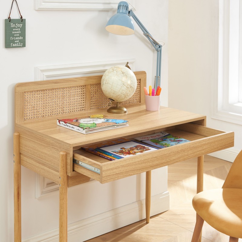 Bureau PABLO cannage rotin et effet bois 1 tiroir