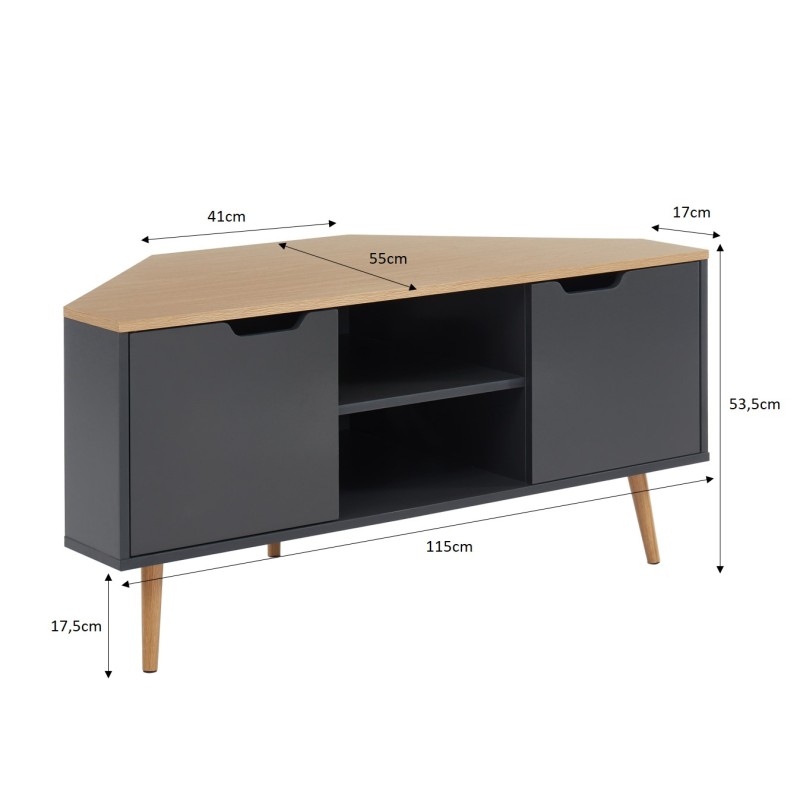 Meuble tv d'angle LYNAgris et effet chêne2 portes 115cm
