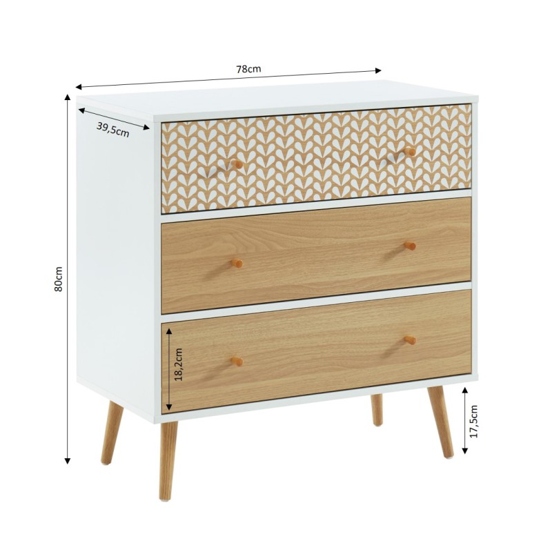 Commode CAPUCINEblanc et effet chêne3 tiroirs 78cm