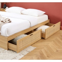 Cadre de lit à tiroirs AMANA cannage rotin 140x190 sommier inclus