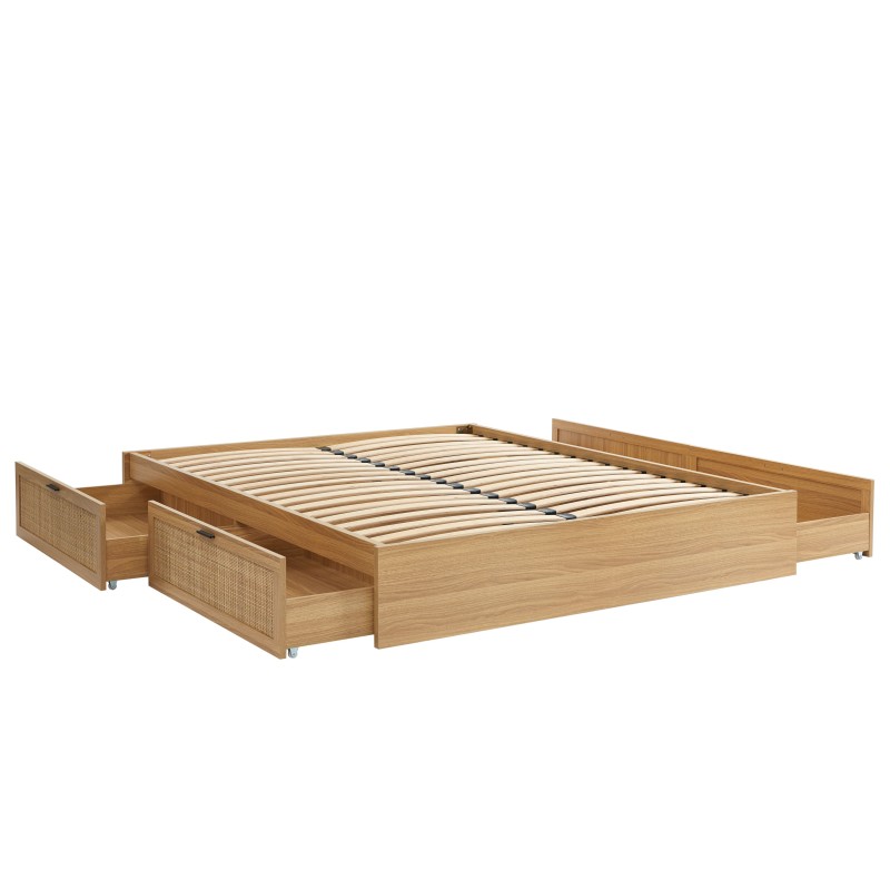 Cadre de lit à tiroirs AMANA cannage rotin 140x190 sommier inclus