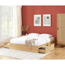 Cadre de lit à tiroirs AMANA cannage rotin 160x200 sommier inclus