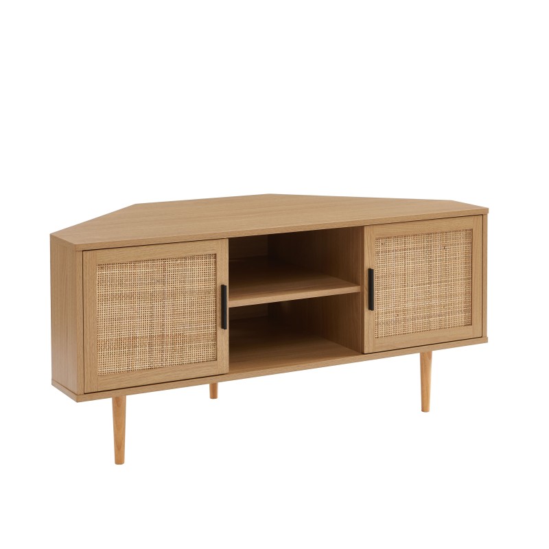 Meuble tv d'angle AMANA effet chêne et cannage rotin 2 portes