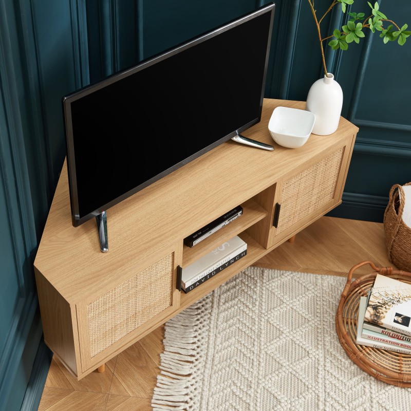 Meuble tv d'angle AMANA effet chêne et cannage rotin 2 portes