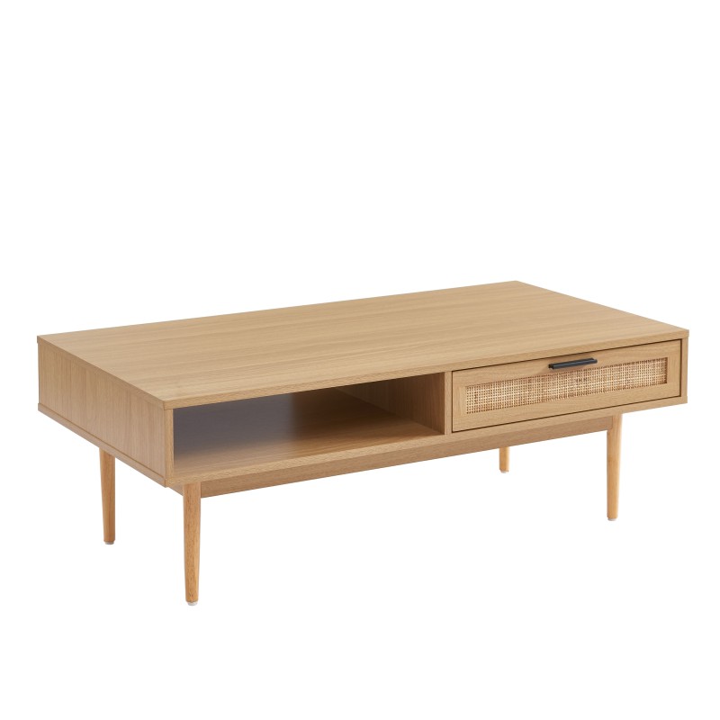 Table basse AMANA effet chêne et cannage rotin 2 tiroirs