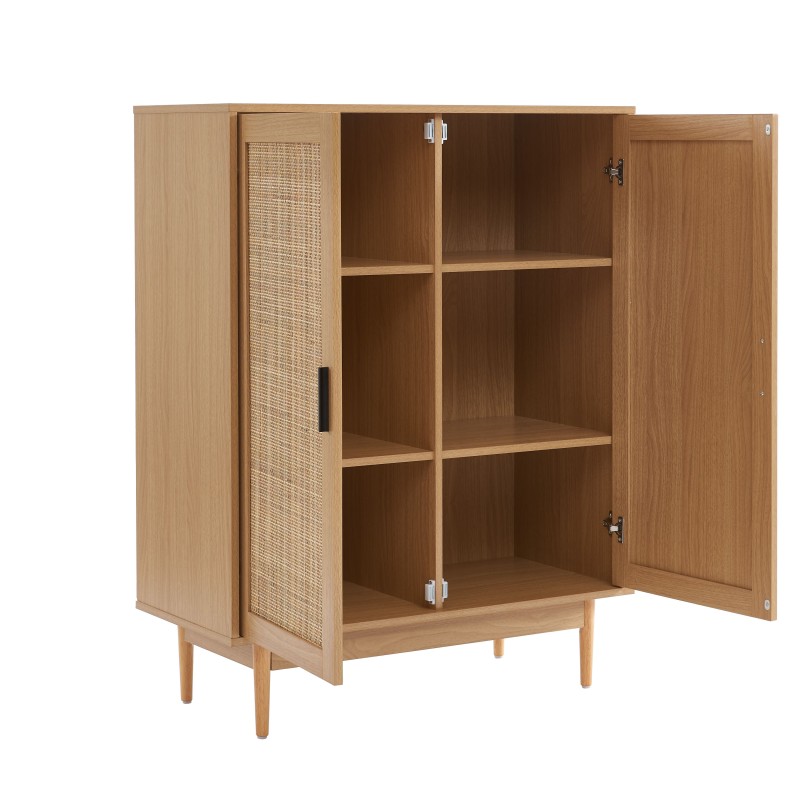 Buffet haut AMANA effet chêne et cannage rotin 2 portes 