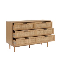 Commode AMANA effet chêne et cannage rotin 6 tiroirs