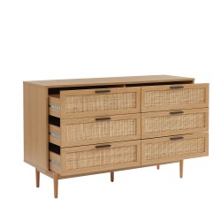 Commode AMANA effet chêne et cannage rotin 6 tiroirs