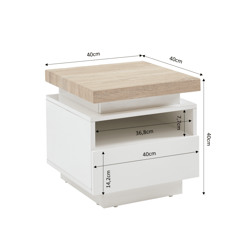Table de chevet à led COSMOSlaqué blanc et effet chêne 1 tiroir