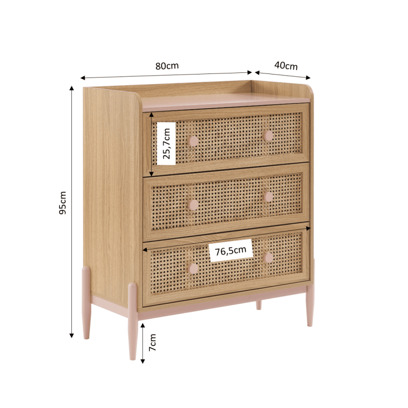 Commode PABLO rose et cannage rotin 3 tiroirs