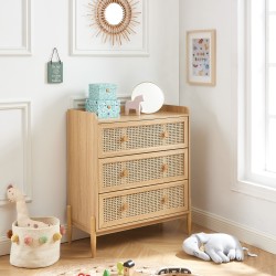 Commode PABLO cannage rotin et effet bois 3 tiroirs