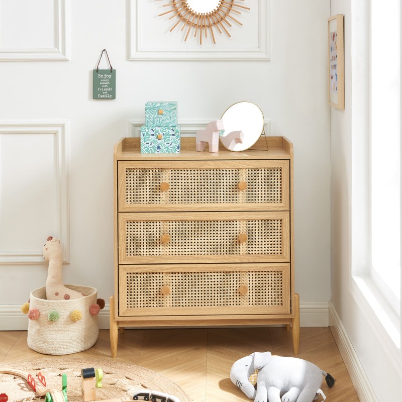 Commode PABLO cannage rotin et effet bois 3 tiroirs