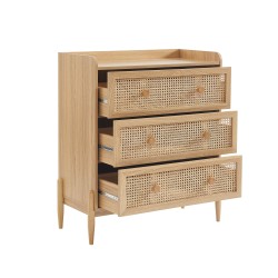 Commode PABLO cannage rotin et effet bois 3 tiroirs