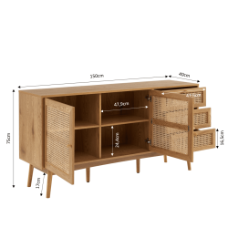 Buffet INES effet chêne et cannage rotin l150cm
