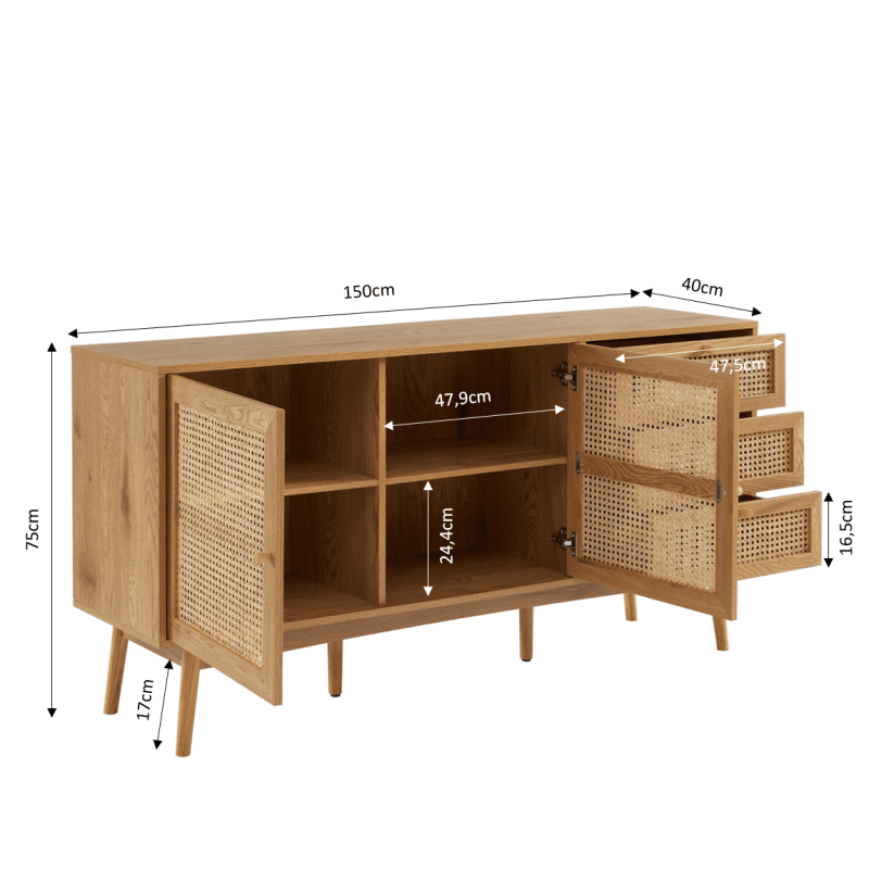 Buffet INES effet chêne et cannage rotin l150cm