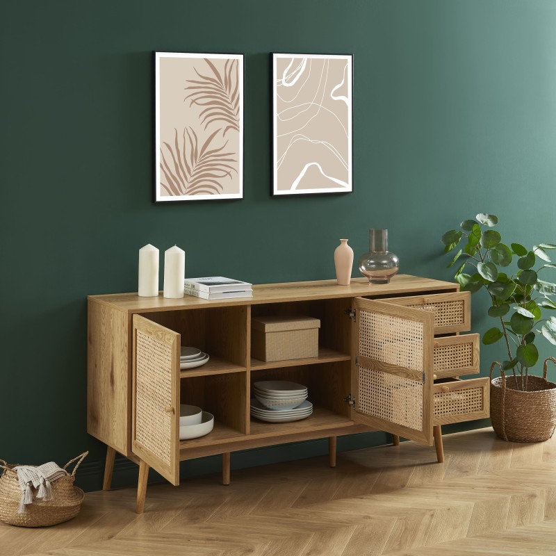 Buffet INES effet chêne et cannage rotin l150cm