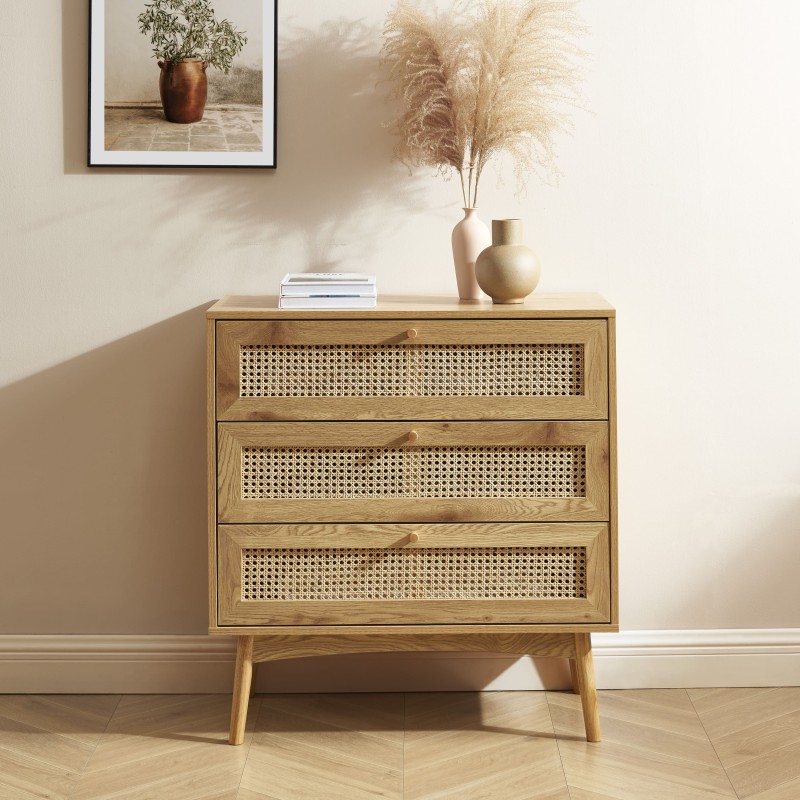 Commode INES effet chêne et cannage rotin 3 tiroirs