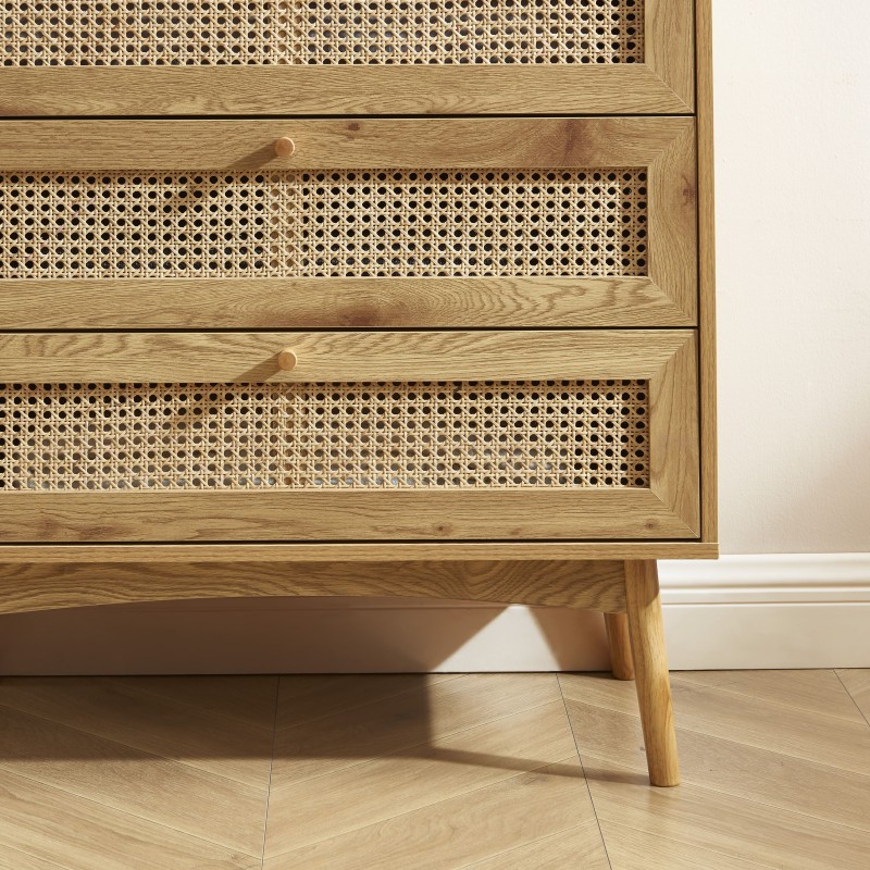 Commode INES effet chêne et cannage rotin 3 tiroirs